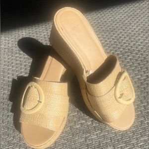 Woven Slip-On Wedge Sandals in Natural Tan